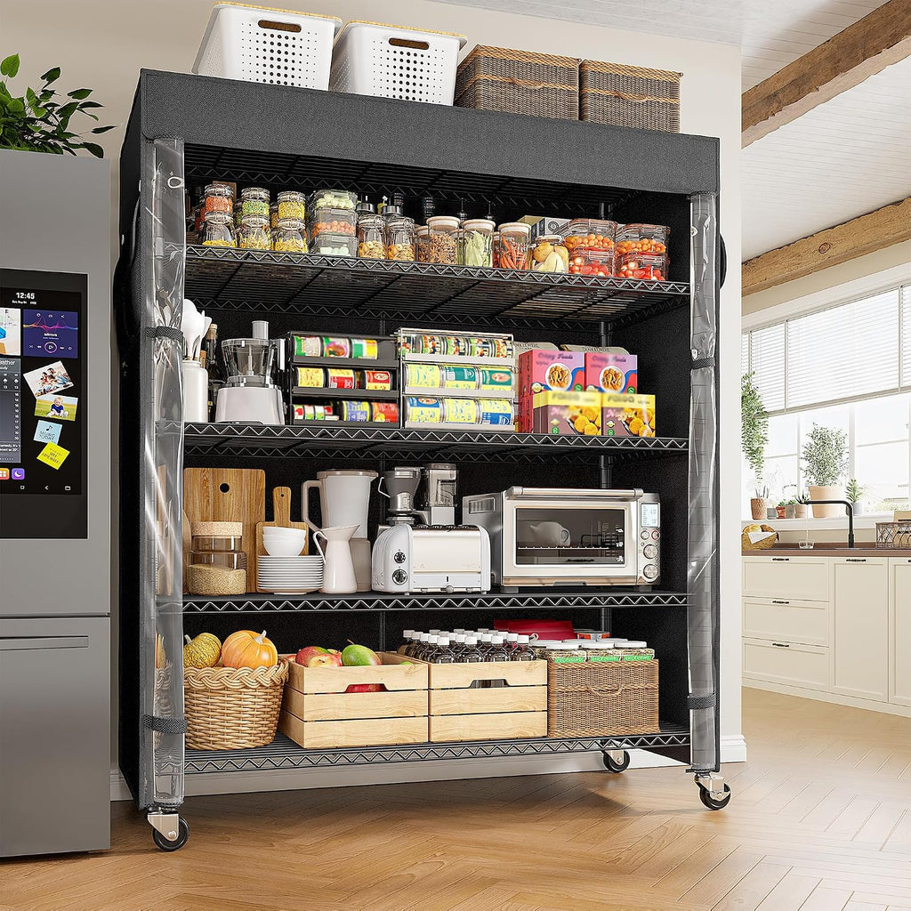 REIBII 45''W Storage Shelves with Cover & Wheels, Metal Shelving Waterproof Dustproof, Wire Shelving Unit Covers, Garage Storage Rack Wire Shelf for Kitchen Pantry, Storage Room, 45Wx17.72Dx72.83H