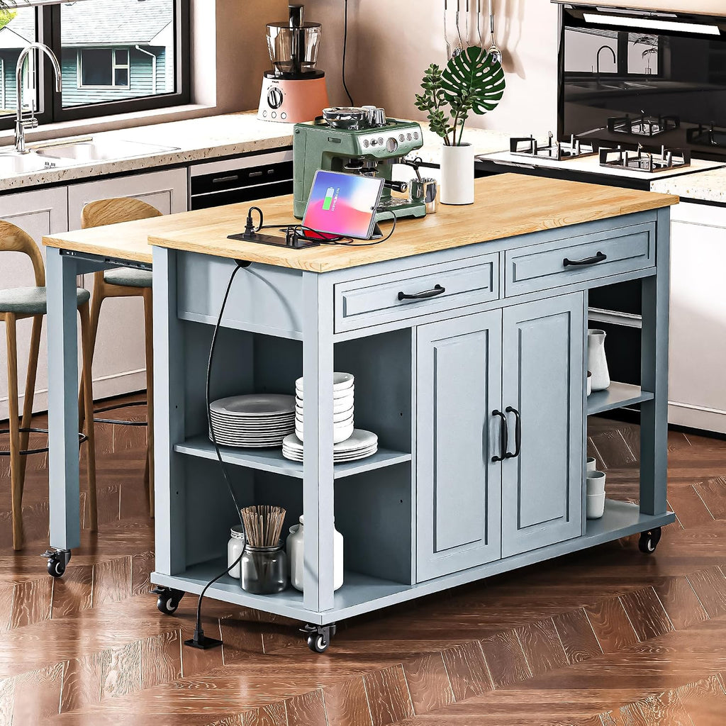 47' Kitchen Island with Extendable Dining Table, Rubber Wood Veneer Kitchen Table with Internal Storage Rack, Power Outlet, 2 Drawers, 2 Cabinet for Kitchen, Dining Room, Grey Blue