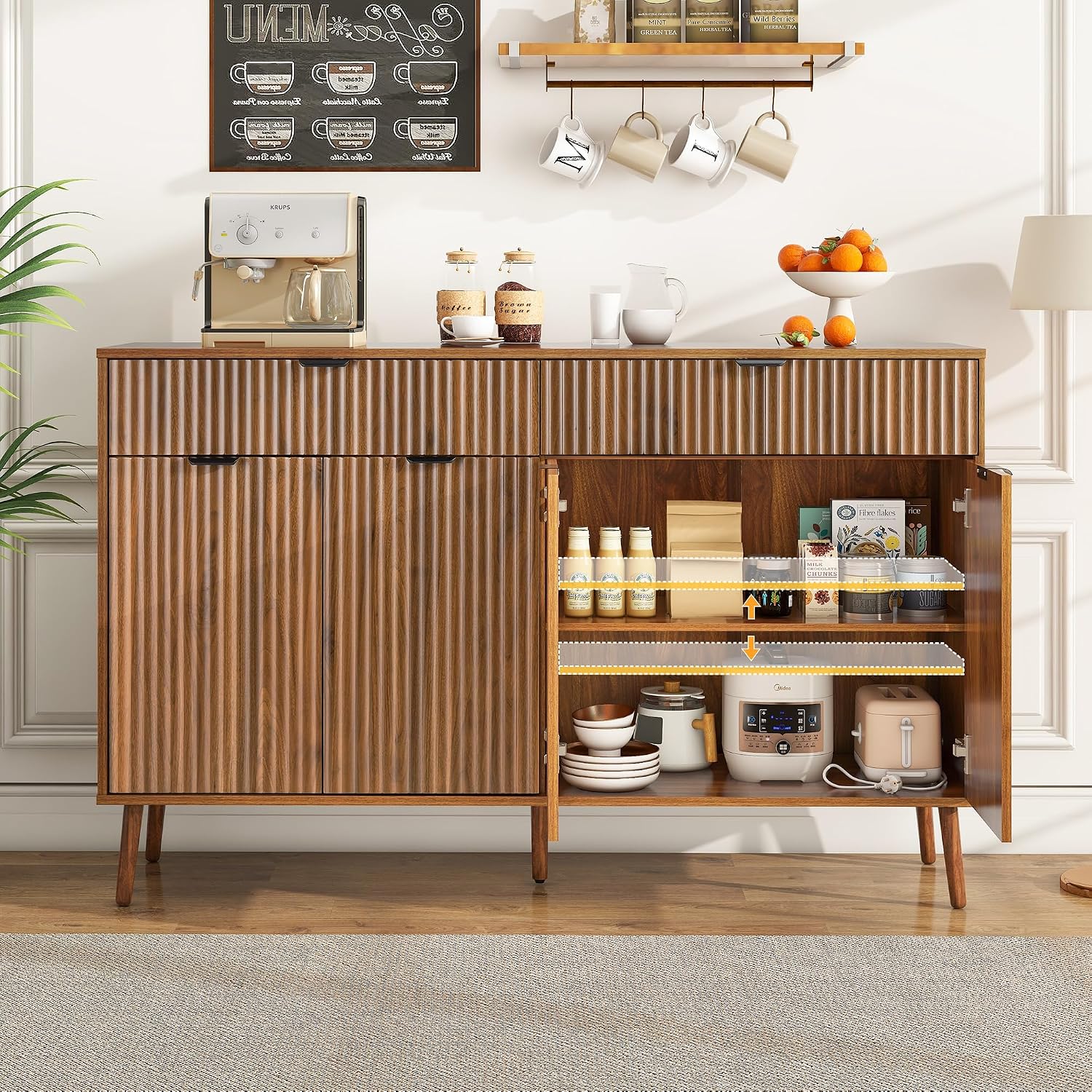 LYNCOHOME Fluted Sideboard Buffet Cabinet with Storage,2 Drawers and 4 Doors,Wood Coffee Bar Cabinet with Solid Wood Feet for Kitchen,Hallway
