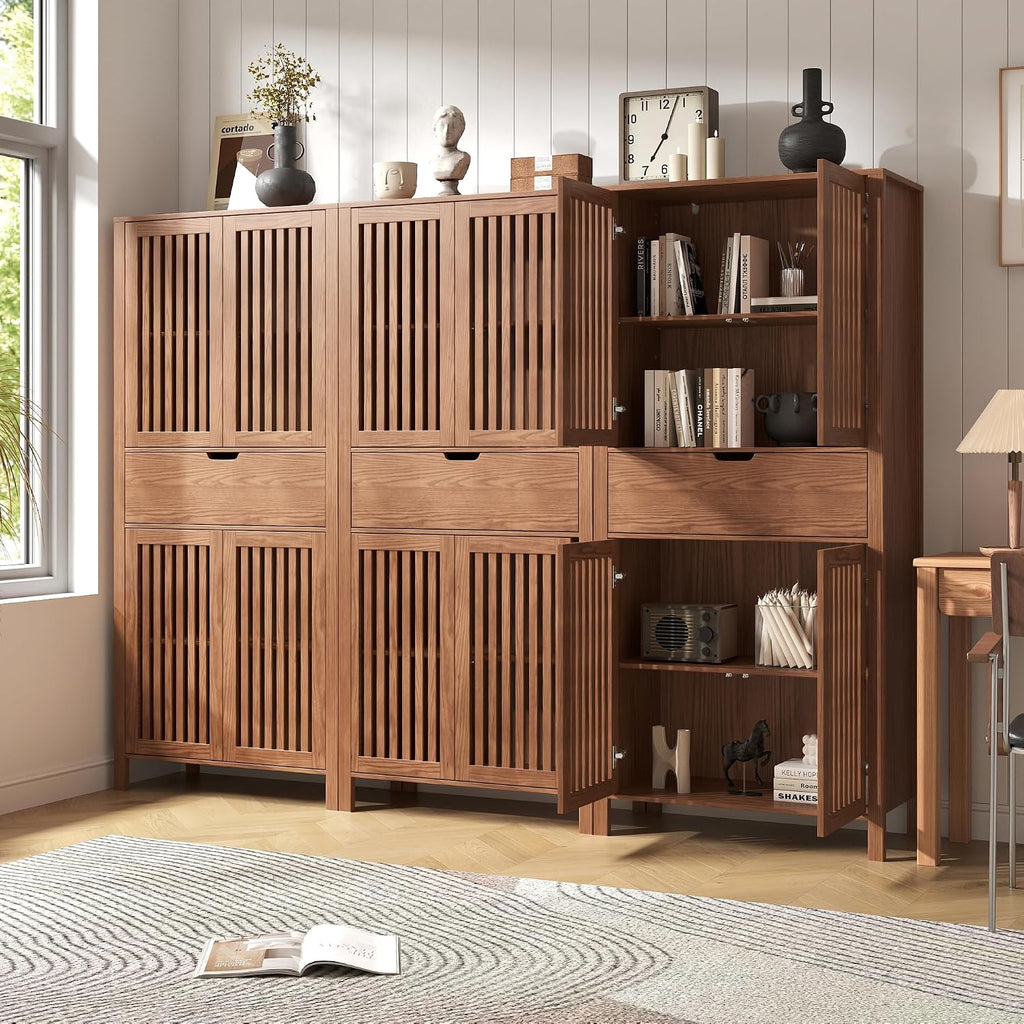 BVIUNTWO Set of 3 Rustic Brown 69' Tall Farmhouse Storage Cabinet with Drawer & Adjustable Shelves, Grille Door Organizer Unit, Anti-Tip Design for Bathroom,Kitchen,Living Room