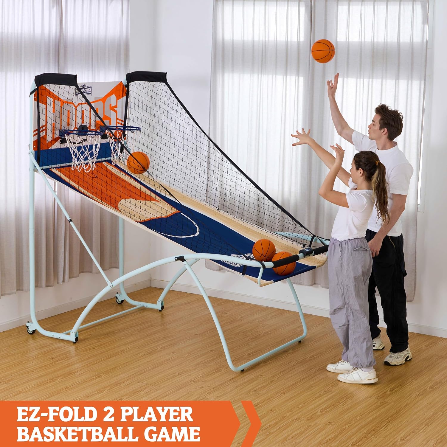 Hall of Games EZ Fold Premium Indoor Arcade Basketball Game with Steel Frame and Polycarbonate Backboard, Dual Shot Electronic Scoring with 6 Size 3 Balls Included, Perfect for Basement Game Rooms