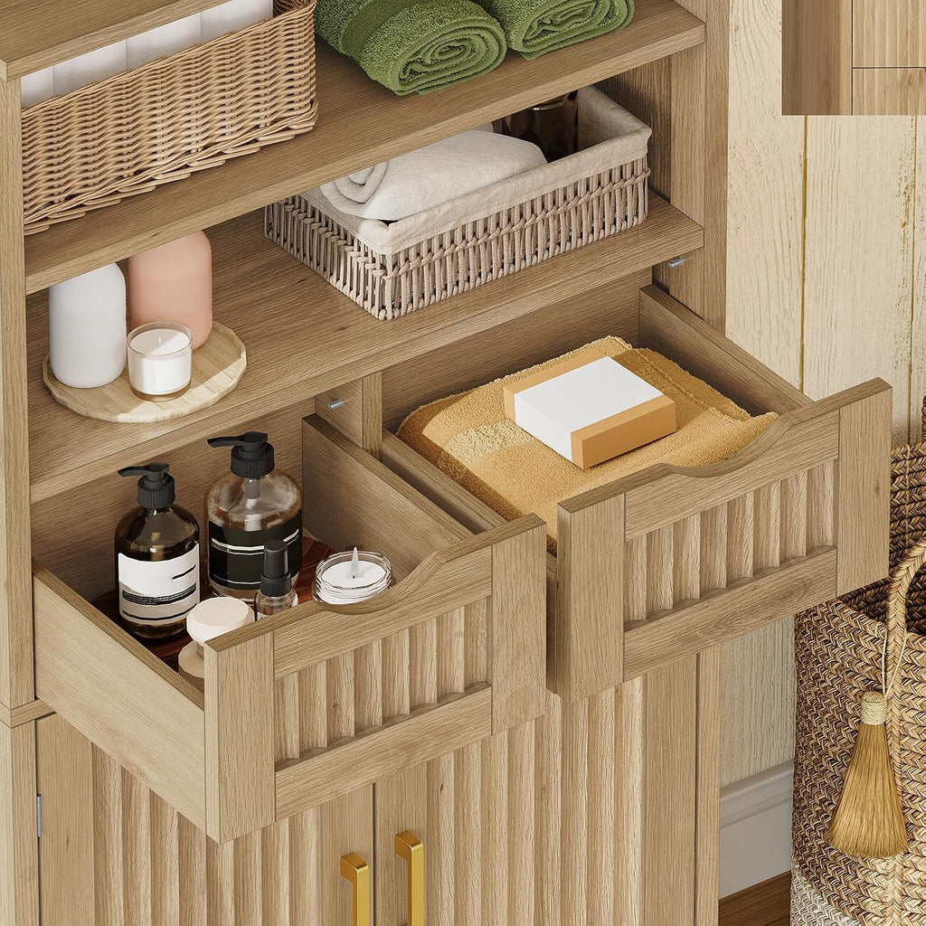 Iwell Tall Storage Cabinet, Fluted Cabinet with 2 Drawers & Adjustable Shelf, Bathroom Storage Cabinet, Kitchen Pantry Storage Cabinet, for Living Room, Dining Room, Home Office, Natural Oak