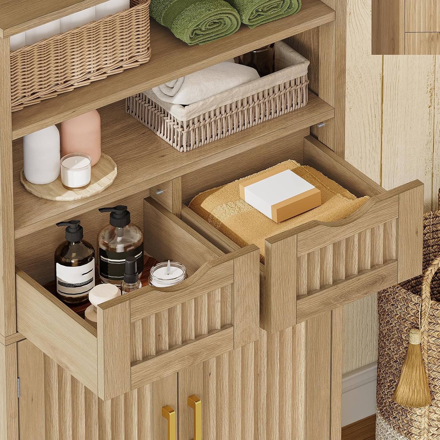 Iwell Tall Storage Cabinet, Fluted Cabinet with 2 Drawers & Adjustable Shelf, Bathroom Storage Cabinet, Kitchen Pantry Storage Cabinet, for Living Room, Dining Room, Home Office, Natural Oak