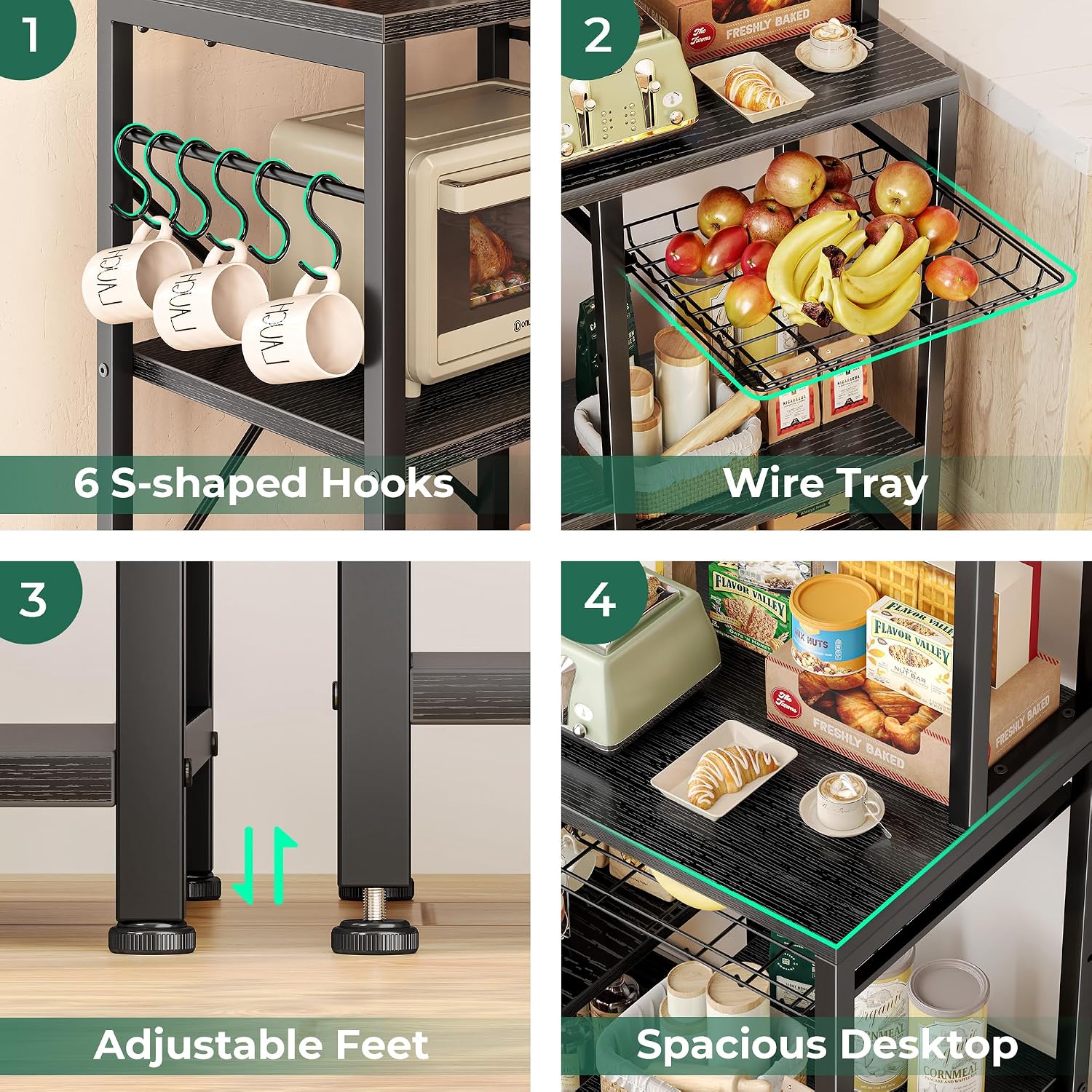 SUPERJARE Bakers Rack with Power Outlet, 47.2 Inches Coffee Bar with 3 Level-Adjustable Open Shelves, Wire Basket, Kitchen Microwave Stand with 6 S-Shaped Hooks, Black