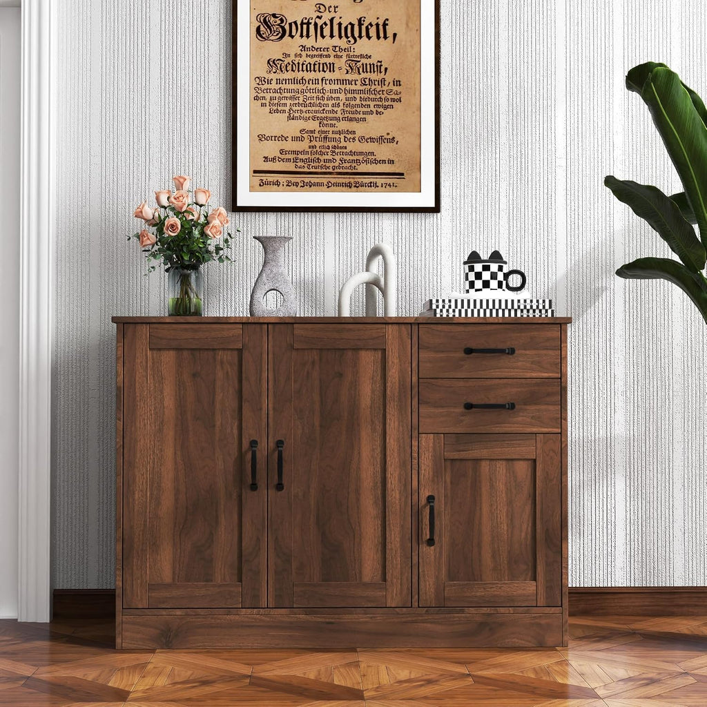 43' Modern Wood Freestanding Storage Cabinet, Kitchen Storage Bakers Rack with Easy Clean, Utility Food Cupboard with 2 Drawers for Dining Room Organization, Walnut