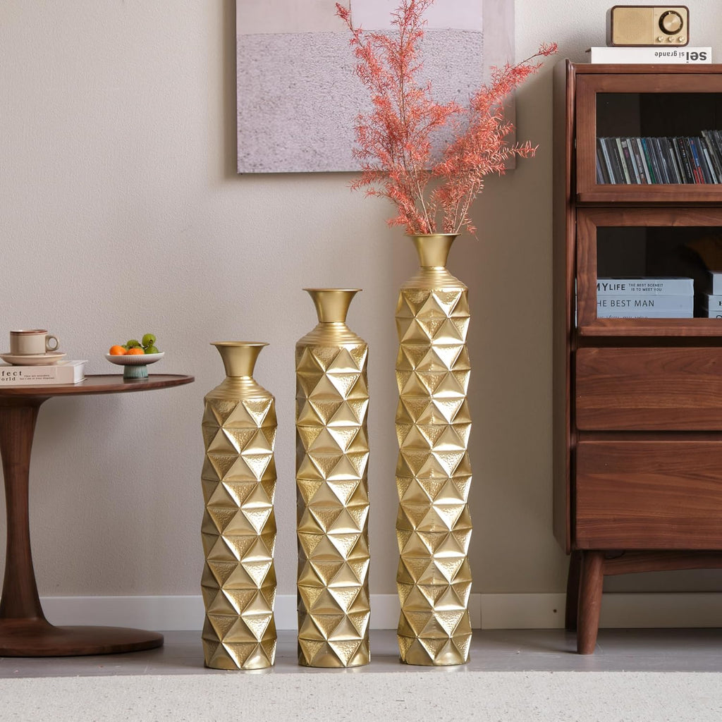 3-piece/Set Large Metal Floor Vases, Decorative Tall Set of 3 Handmade High Distressed Vintage Oversized Center Vases Standing Flower Holder for Modern Home Décor Indoor (Gold+3D Triangle)