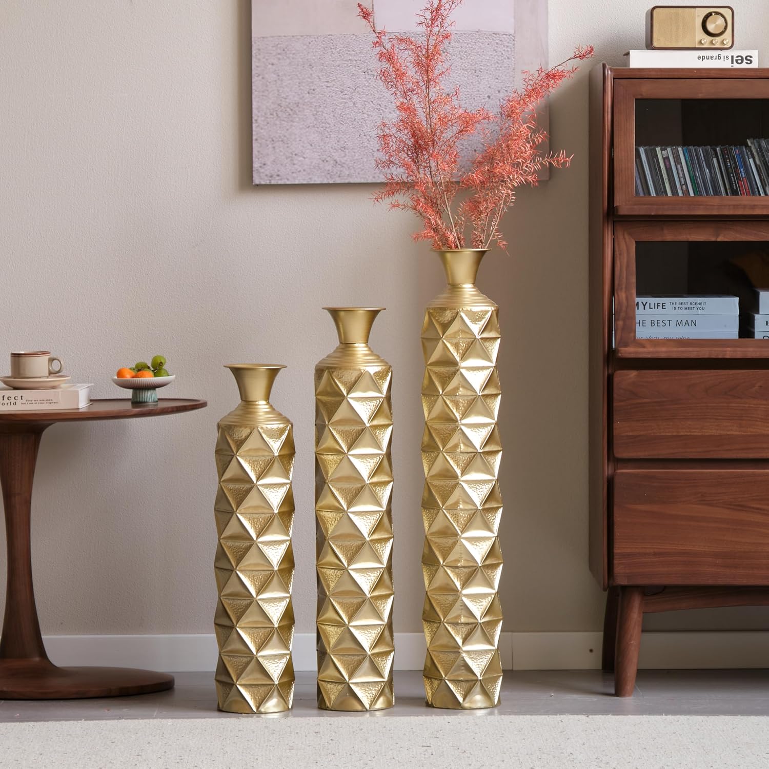 3-piece/Set Large Metal Floor Vases, Decorative Tall Set of 3 Handmade High Distressed Vintage Oversized Center Vases Standing Flower Holder for Modern Home Décor Indoor (Gold+3D Triangle)