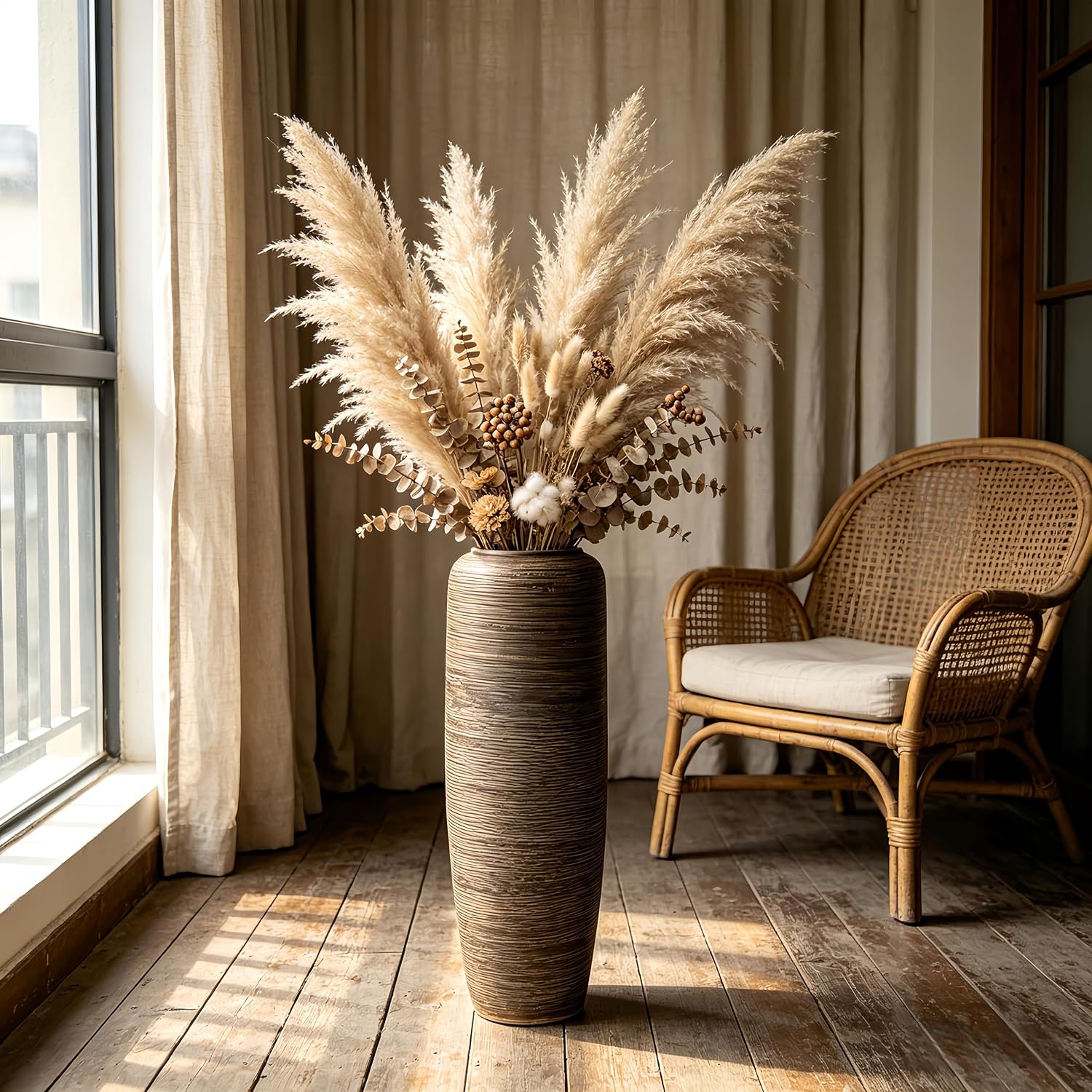 Vintage Ceramic Floor Vase – 23.6 Inch Distressed Glazed Oversized Floor Urn, Rustic Country Decor for Entryway, Living Room & Corner