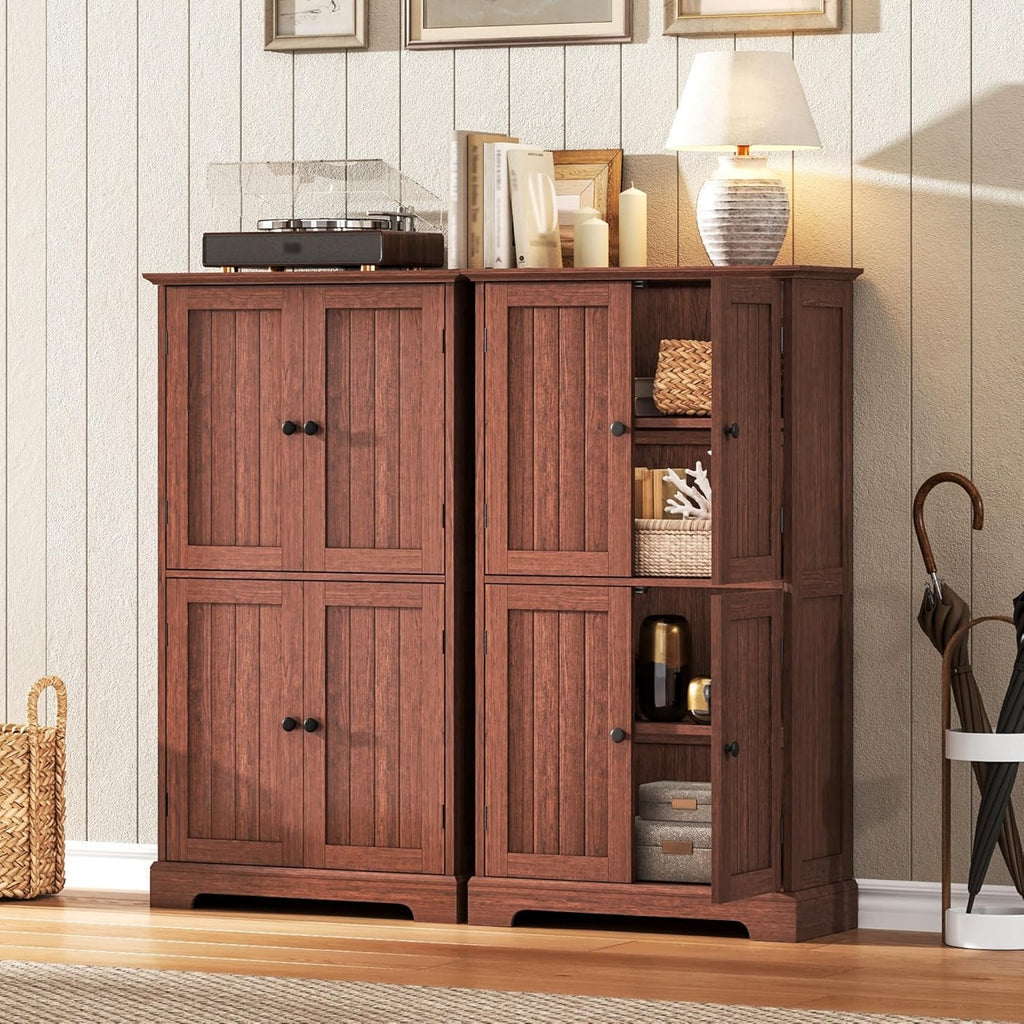 ChooChoo Bathroom Floor Cabinet, Farmhouse Bathroom Storage Cabinet with 4 Doors and Adjustable Shelves, Pantry Cabinet for Living Room, Kitchen, Walnut