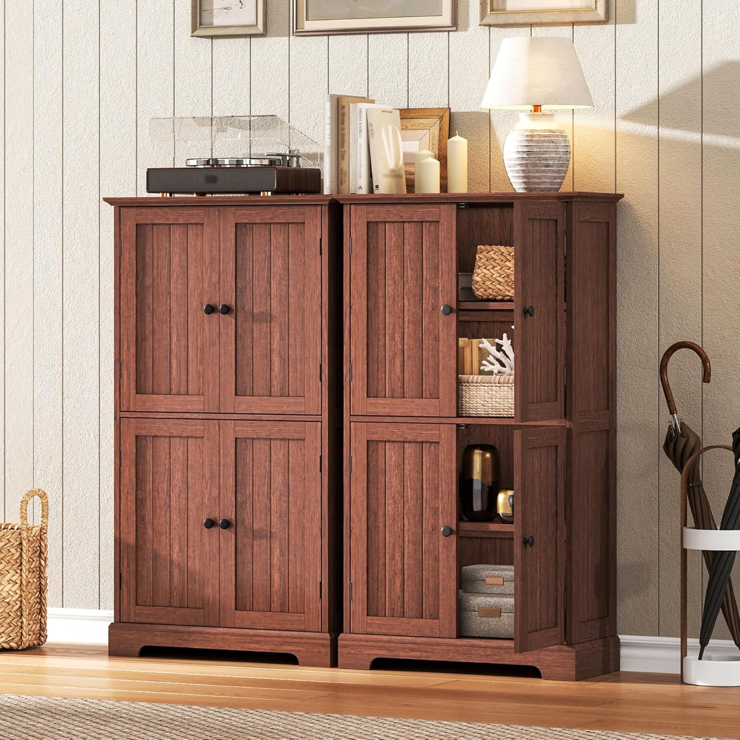 ChooChoo Bathroom Floor Cabinet, Farmhouse Bathroom Storage Cabinet with 4 Doors and Adjustable Shelves, Pantry Cabinet for Living Room, Kitchen, Walnut