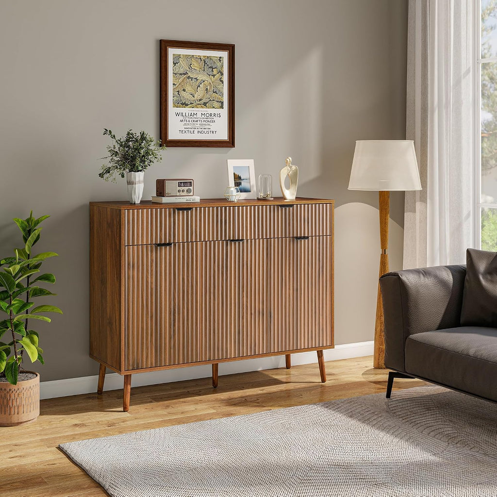 LYNCOHOME Fluted Sideboard Buffet Cabinet with Storage,2 Drawers and 3 Doors,Wood Coffee Bar Cabinet with Solid Wood Feet for Kitchen,Hallway
