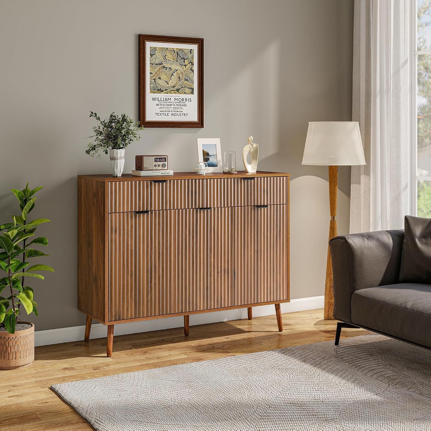 LYNCOHOME Fluted Sideboard Buffet Cabinet with Storage,2 Drawers and 3 Doors,Wood Coffee Bar Cabinet with Solid Wood Feet for Kitchen,Hallway