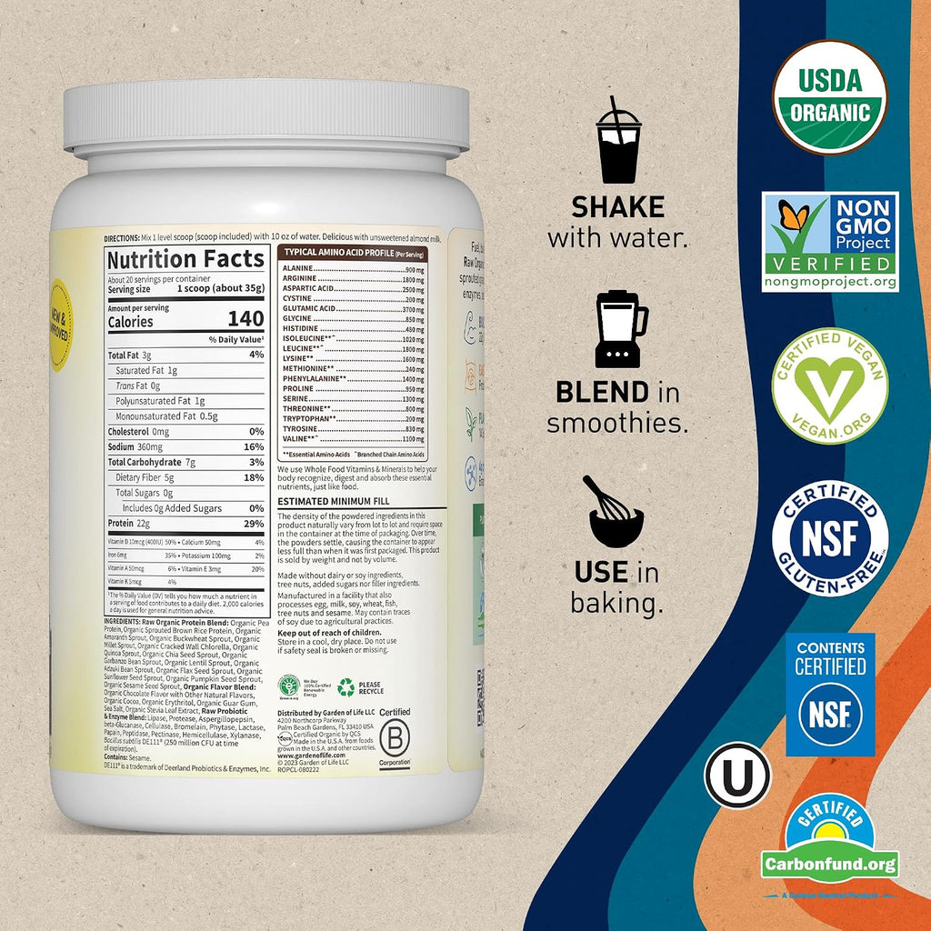 Garden of Life Protein Powder, Vegan Protein Powder, BCAA, Probiotics & Digestive Enzymes, Gluten & Lactose Free, Chocolate, 1.5 LB (Pack of 6)