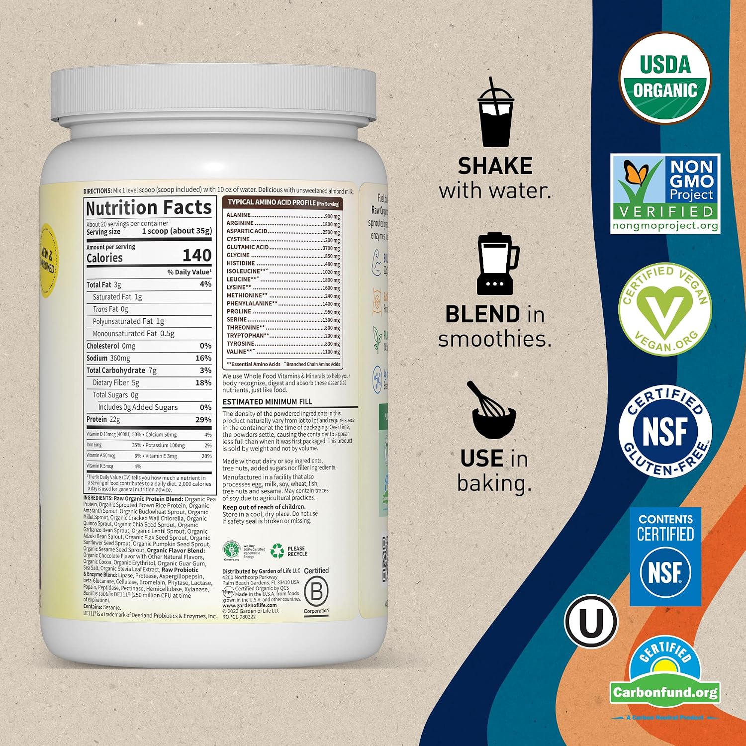 Garden of Life Protein Powder, Vegan Protein Powder, BCAA, Probiotics & Digestive Enzymes, Gluten & Lactose Free, Chocolate, 1.5 LB (Pack of 6)