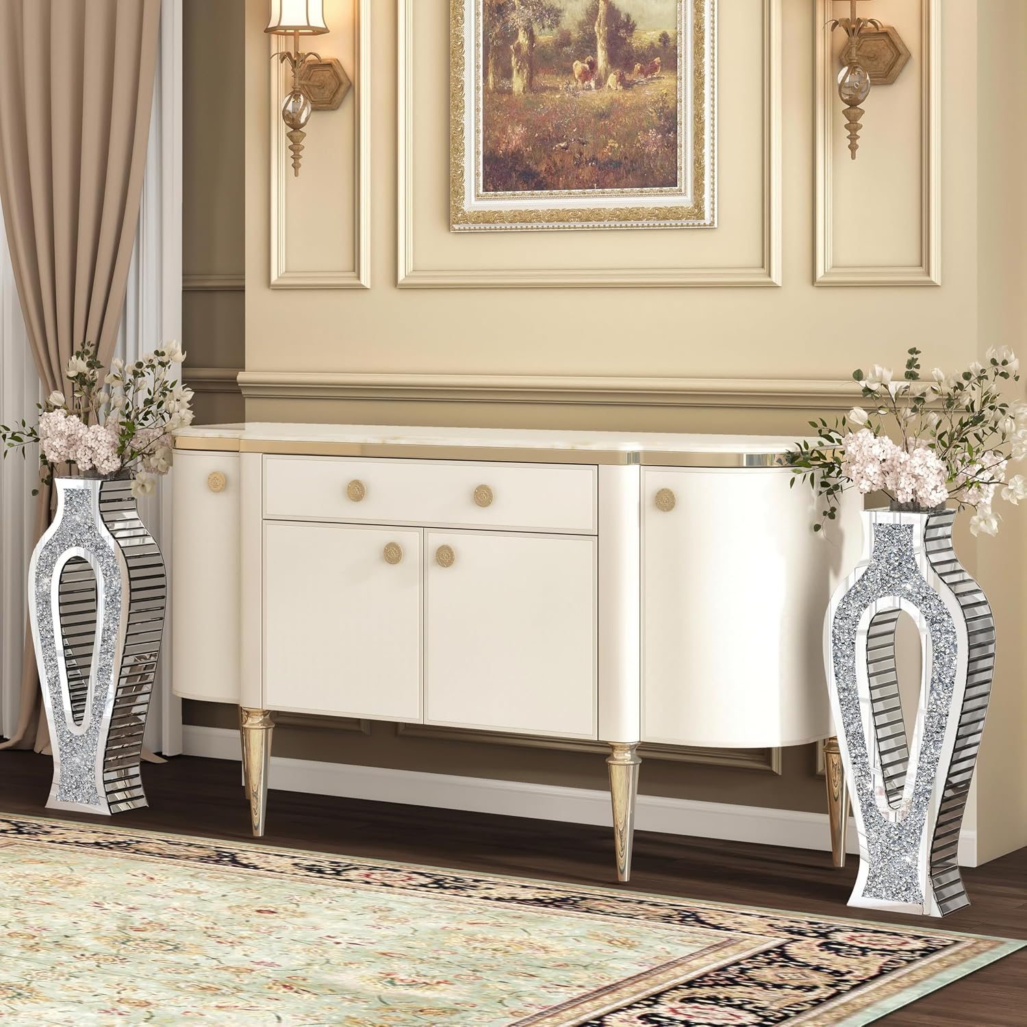 SHYFOY Mirror Floor Vase with Silver Crystal Diamond Accents – Modern Hollow Tall Glass Vases for Living Room Decor, 30'' Large Shiny Bling Vase for Pampas Grass or Faux Flowers