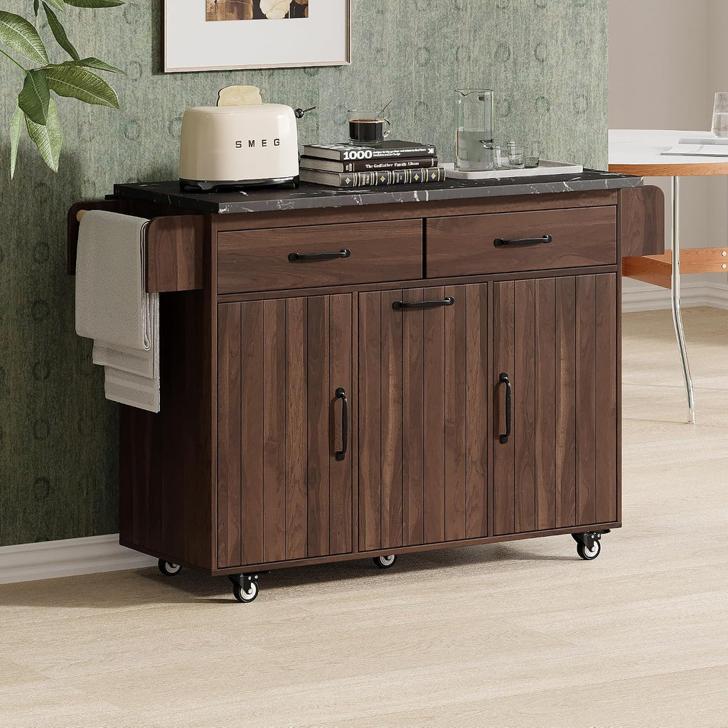 Rolling Kitchen Island Carton Wheels with Trash Can Storage Cabinet, Drop Leaf, Spice Rack, Towel Rack, Drawer, Adjustable Shelf for Dining Room Kitchens Walnut Brown