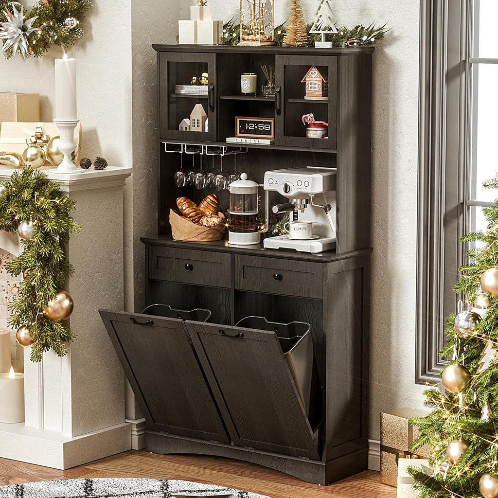 Tilt Out Trash Cabinet, Kitchen Pantry Storage Cabinets with Adjustable Shelves and Drawers, Wooden Freestanding Cabinet Trash Cans for Kitchen Living Room Dining Room, Black, 26 Gallons