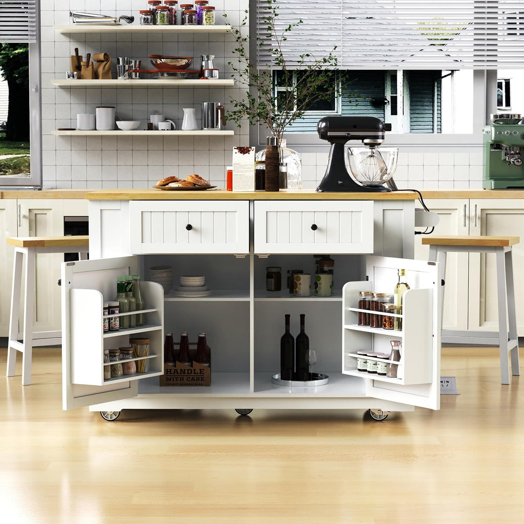 48 Inch Rolling Kitchen Island Storage Cart on 5 Wheels with Drop Leaf, Power Outlet, Door Internal Storage Rack, 5 Open Side Racks, 2 Drawers for Dining Room, Home Bar, White