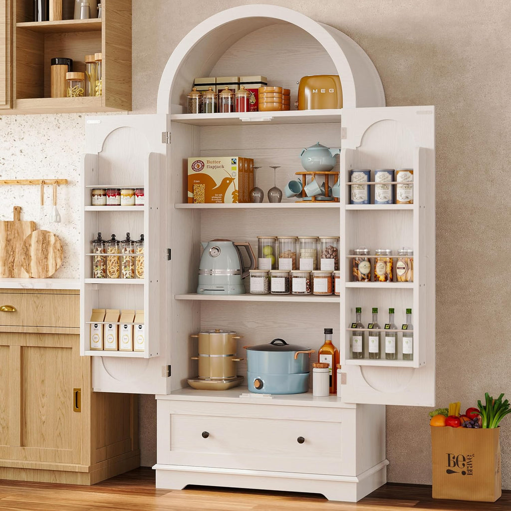 IRONCK 70.9' Tall Arched Kitchen Pantry, Kitchen Cabinet with Large Drawer, Adjustable Shelves, Arched Open Shelving, 2 Doors with Storage Shelves, Modern Versatile Cupboard for Kitchen, Dining Room