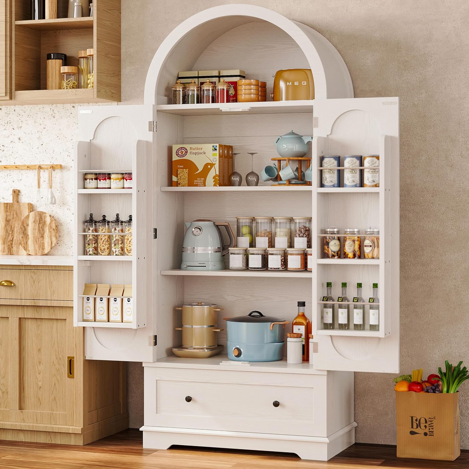 IRONCK 70.9' Tall Arched Kitchen Pantry, Kitchen Cabinet with Large Drawer, Adjustable Shelves, Arched Open Shelving, 2 Doors with Storage Shelves, Modern Versatile Cupboard for Kitchen, Dining Room