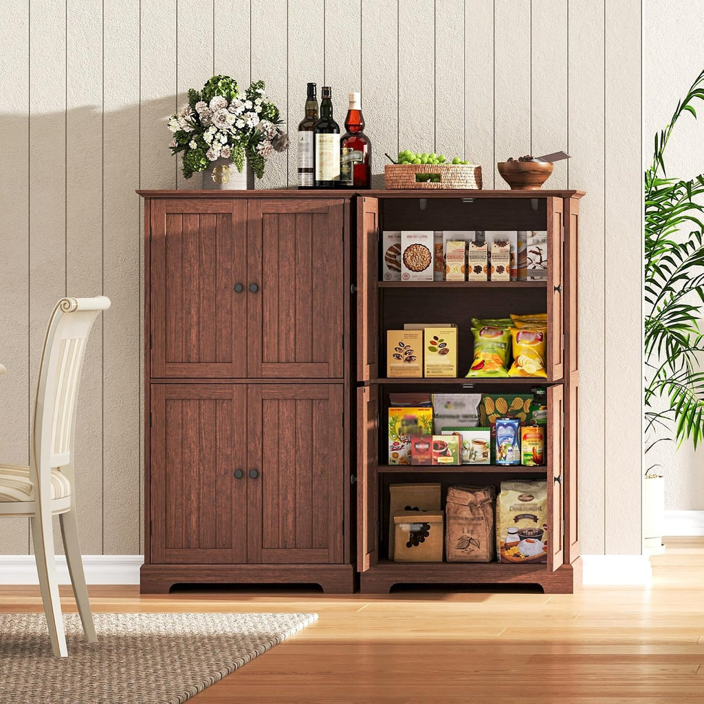 ChooChoo Bathroom Floor Cabinet, Farmhouse Bathroom Storage Cabinet with 4 Doors and Adjustable Shelves, Pantry Cabinet for Living Room, Kitchen, Walnut