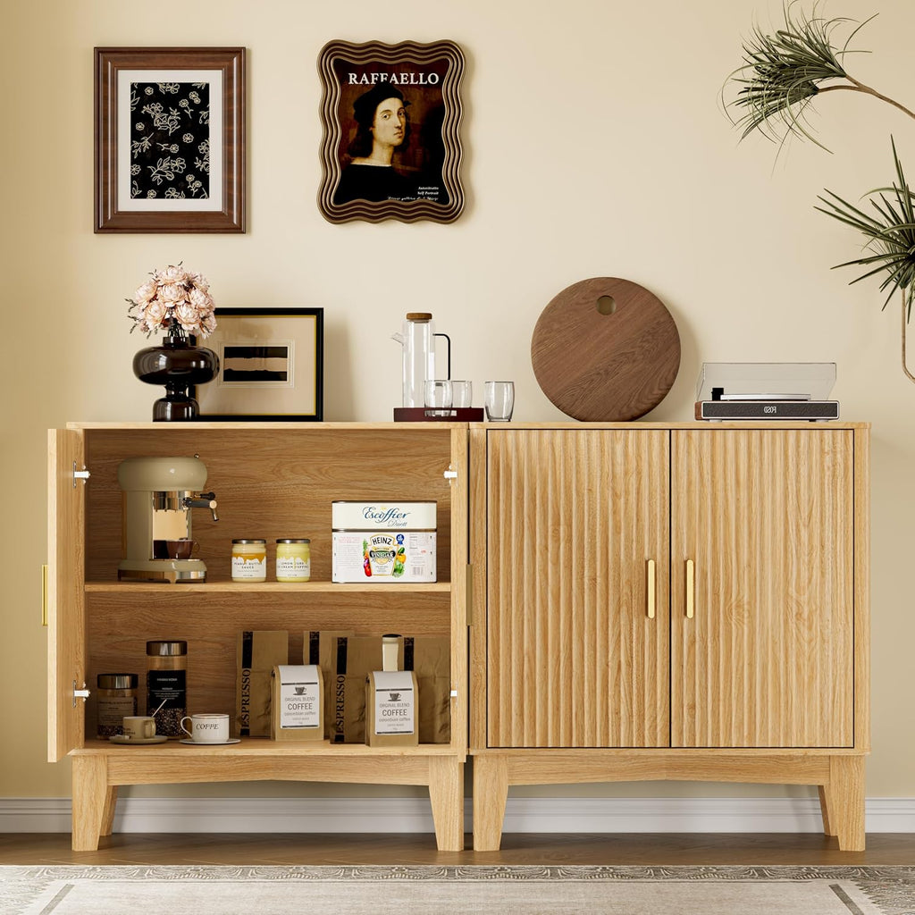 BORNOON Storage Cabinet with Doors and Adjustable Shelf, Modern Fluted Sideboard Buffet Cabinet, Freestanding Coffee Bar for Kitchen, Pantry, Entryway, Living Room (Natural Oak)