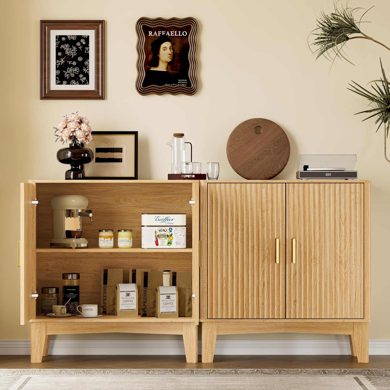 BORNOON Storage Cabinet with Doors and Adjustable Shelf, Modern Fluted Sideboard Buffet Cabinet, Freestanding Coffee Bar for Kitchen, Pantry, Entryway, Living Room (Natural Oak)