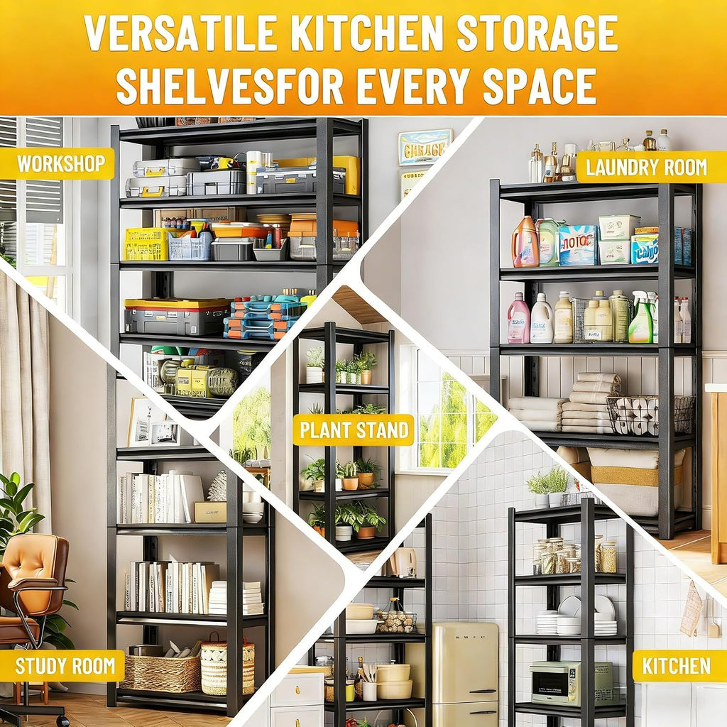 2000LBS Metal Storage Shelves,6 Tier Shelving Unit, 40'W x 82'H Utility Kitchen Shelves, Standing Adjustable Shelf Organizer for Pantry, Industrial, Basement, Bathroom, Warehouse and Closet, Black