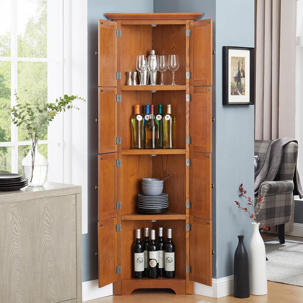 72' Corner Design Freestanding Storage Cabinet, Kitchen Storage Bakers Rack with Sleek Metal Handles, Utility Food Cupboard with 4-Tier Shelves for Kitchen, Bathroom, Living Room, Oak