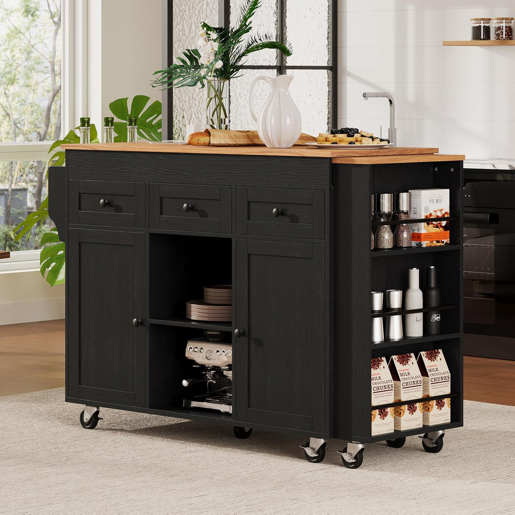85.5' Kitchen Island with Extendable Dining Table, Kitchen Storage Cabinet with 3 Tier Spice Rack, Rolling Kitchen Island Cart with Power Outlet, 3 Drawers, 2 Doors for Kitchen, Dining Room, Black