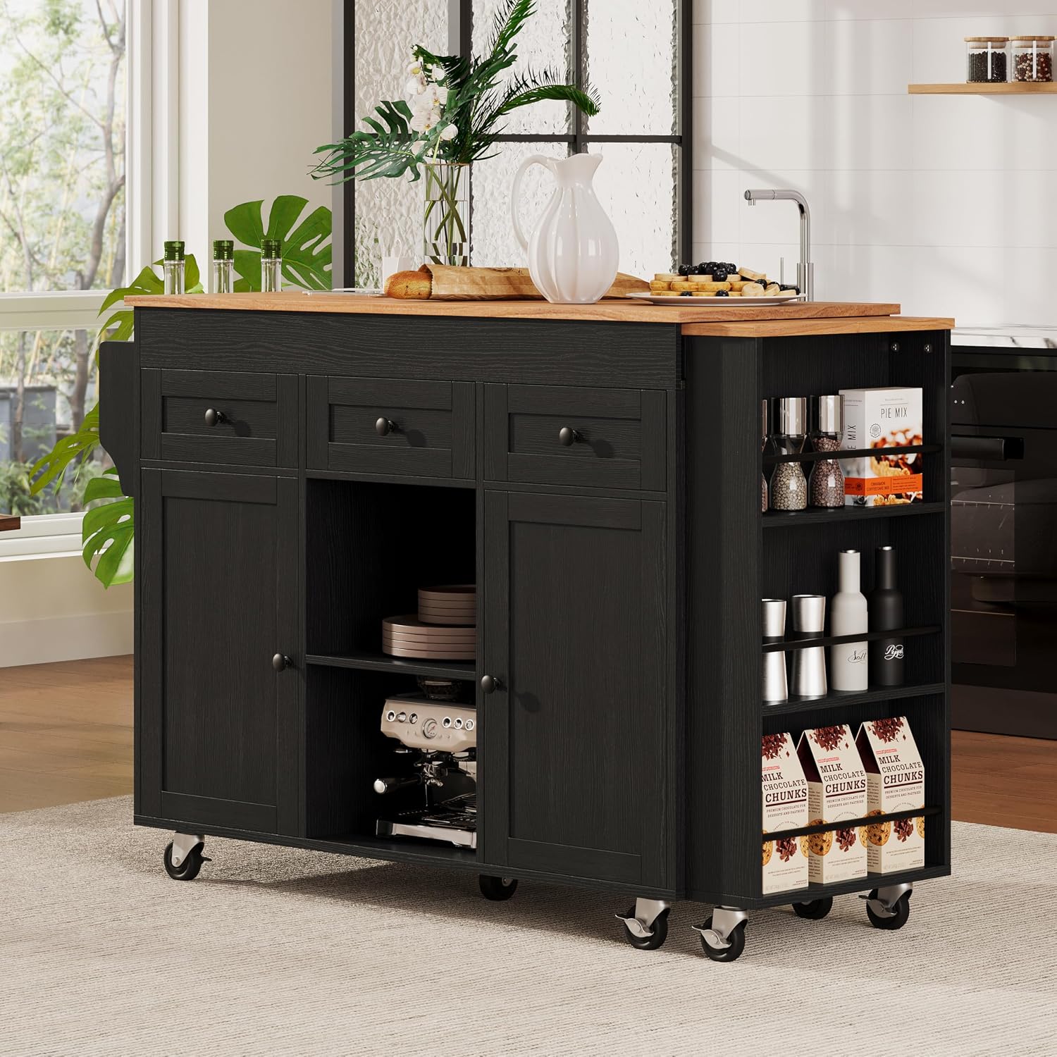 85.5' Kitchen Island with Extendable Dining Table, Kitchen Storage Cabinet with 3 Tier Spice Rack, Rolling Kitchen Island Cart with Power Outlet, 3 Drawers, 2 Doors for Kitchen, Dining Room, Black