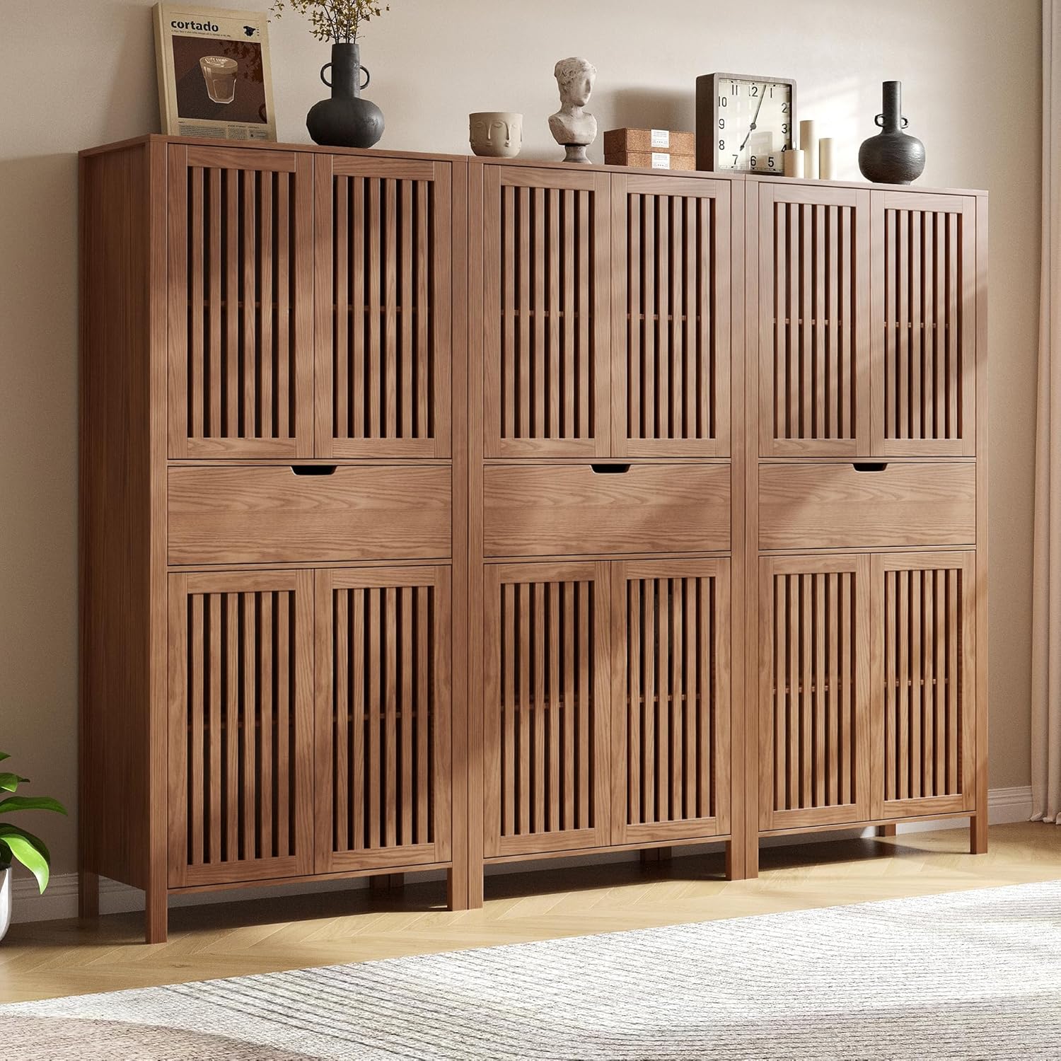 BVIUNTWO Set of 3 Rustic Brown 69' Tall Farmhouse Storage Cabinet with Drawer & Adjustable Shelves, Grille Door Organizer Unit, Anti-Tip Design for Bathroom,Kitchen,Living Room