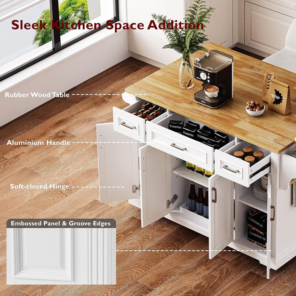 54' Rolling Storage Kitchen Island Cart on 4 Wheels with Drop Leaf, Embossed Texture, 4 Doors and 3 Drawers for Kitchen, Dining Room, White, Rubber Wood Top