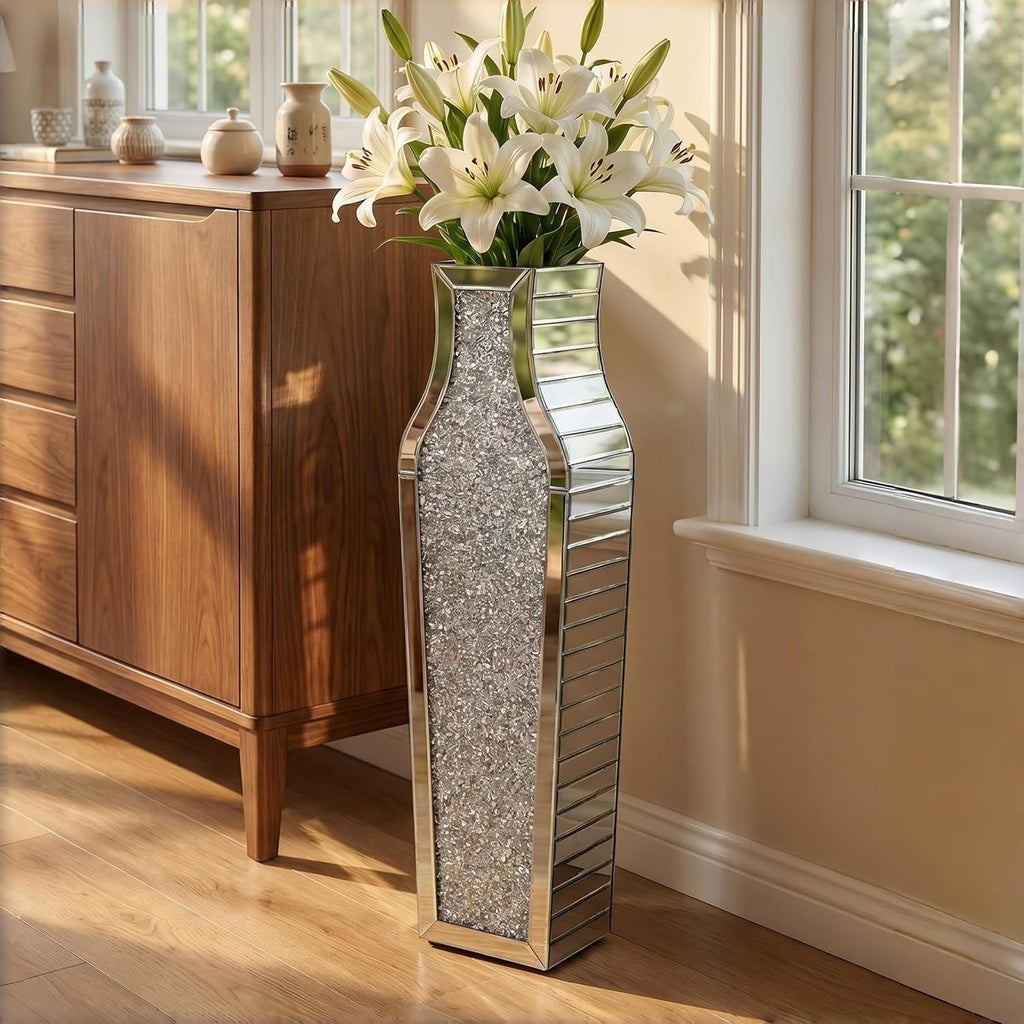 30' Large Double Sided Crushed Diamond Floor Vases,Tall Silver Mirrored Crystal Vase for Floor,Big Floor Vases Decorative Tall for Home,Office,Hotel(Silver,8.6' L x 5.3' W x 30' H)