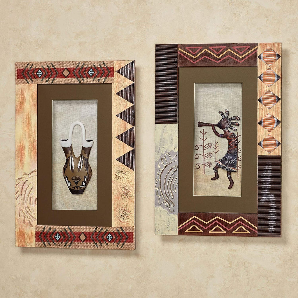 Touch of Class Southwest Vase and Kokopelli Shadow Box Wall Art Set of 2 - Wooden Framed Sculpture for Bedroom, Living Room, Office - Southwestern Style Decor with Glass - Geometric Designs