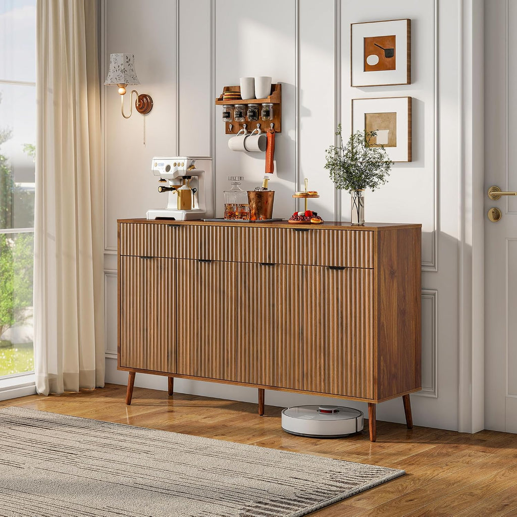 LYNCOHOME Fluted Sideboard Buffet Cabinet with Storage,2 Drawers and 4 Doors,Wood Coffee Bar Cabinet with Solid Wood Feet for Kitchen,Hallway