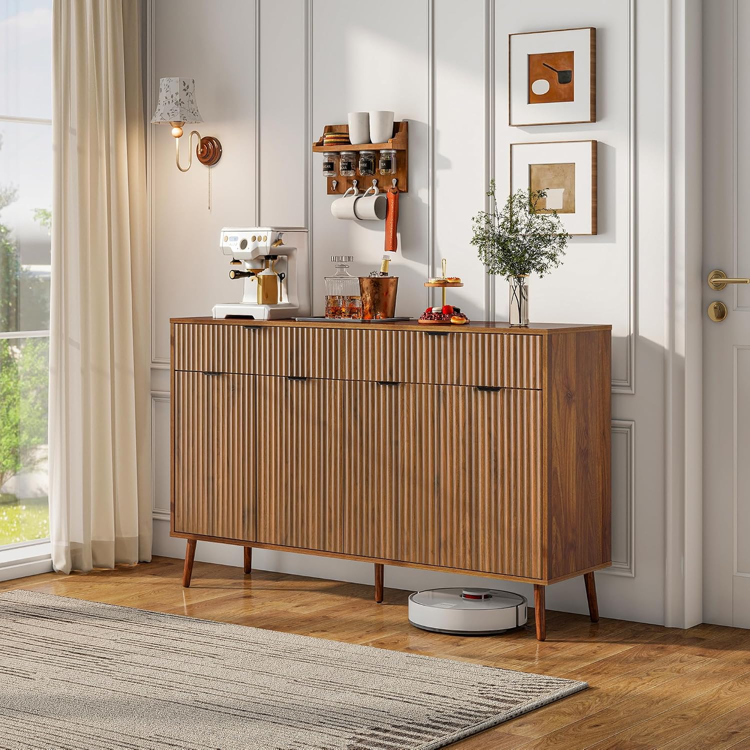 LYNCOHOME Fluted Sideboard Buffet Cabinet with Storage,2 Drawers and 4 Doors,Wood Coffee Bar Cabinet with Solid Wood Feet for Kitchen,Hallway