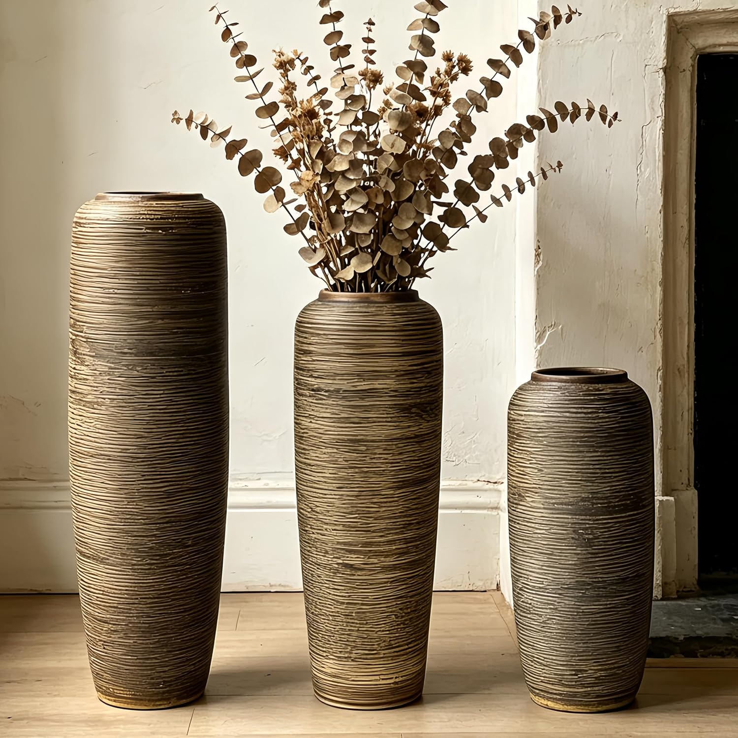 Vintage Ceramic Floor Vase – 23.6 Inch Distressed Glazed Oversized Floor Urn, Rustic Country Decor for Entryway, Living Room & Corner