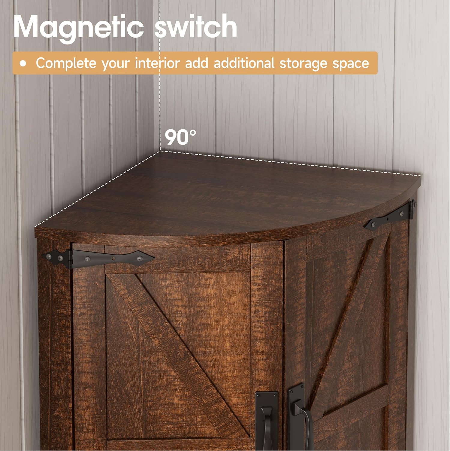 Vabches 64.8' Tall Farmhouse Corner Cabinet with 4 Doors and 5 Storage Shelves, Farmhouse Storage Cabinet with Barn Door Design, Home Space Saver for Living Room, Kitchen, Laundry Room,Brown