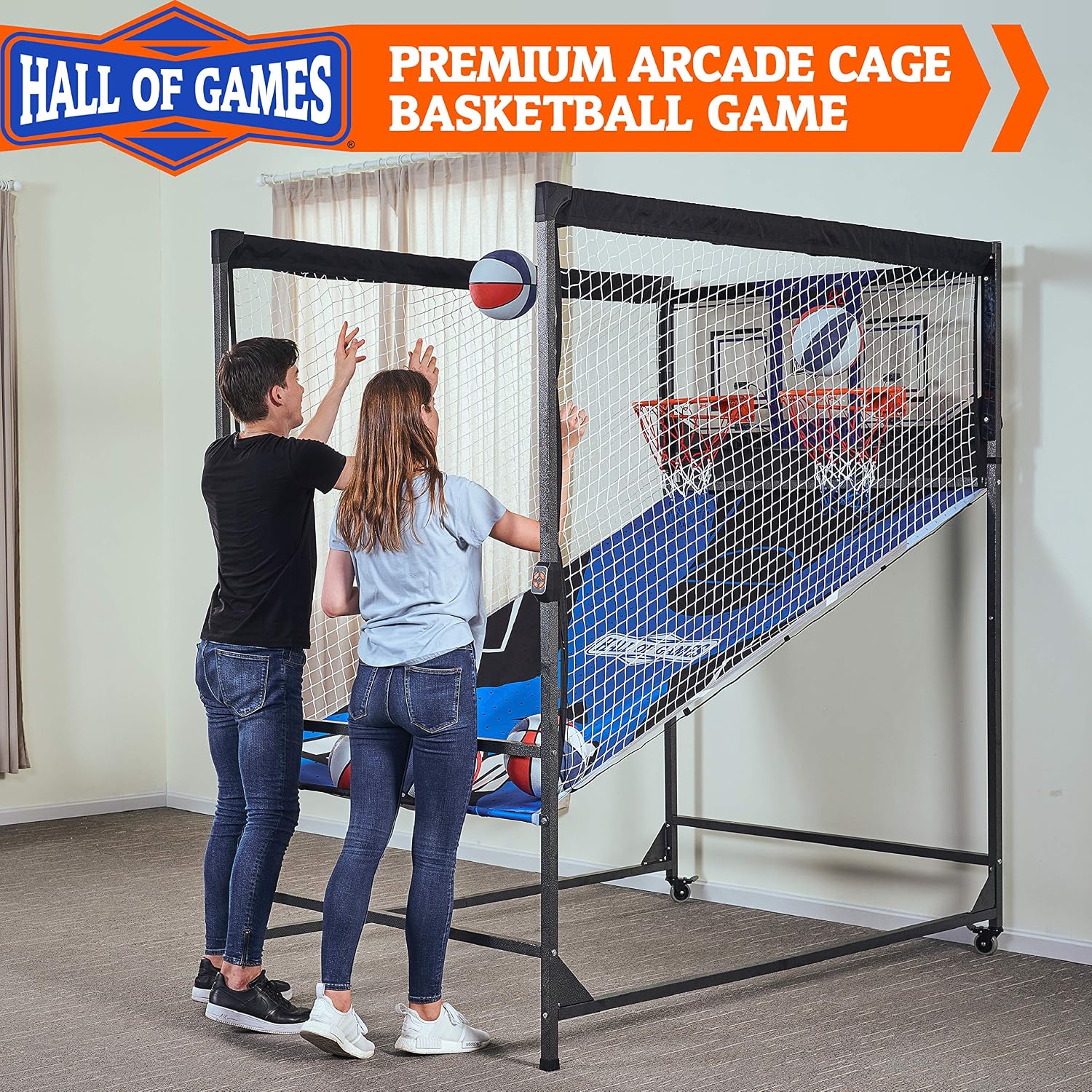 Hall of Games Premium Arcade Cage Basketball Game with Steel Frame and Polycarbonate Backboard