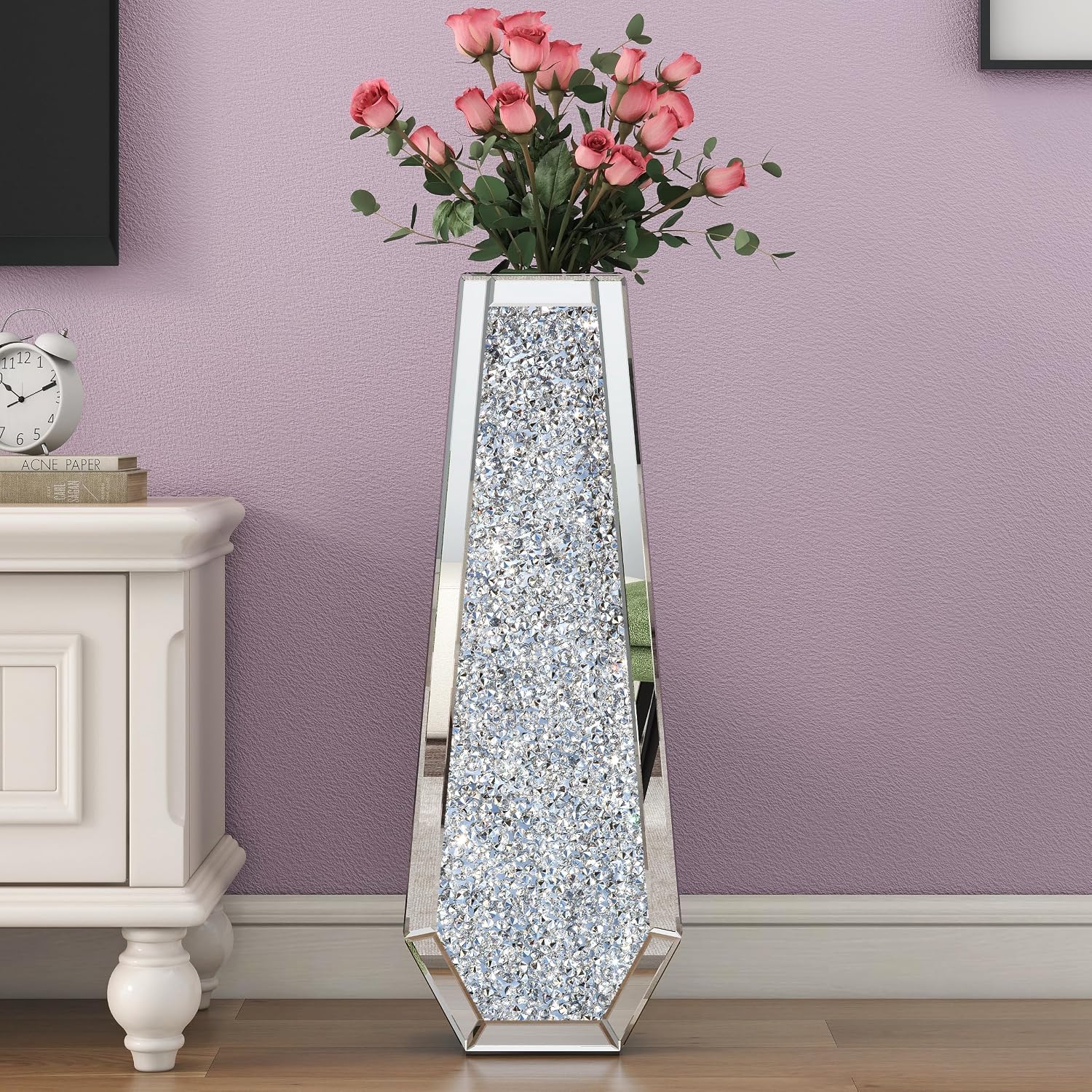 SHYFOY 30' Floor Vase Crushed Diamond Mirrored Vase Silver Tall Vases for Floor, Large Crystal Glass Decorative Floor Vases for Living Room Office Corner Hallway Home Decor