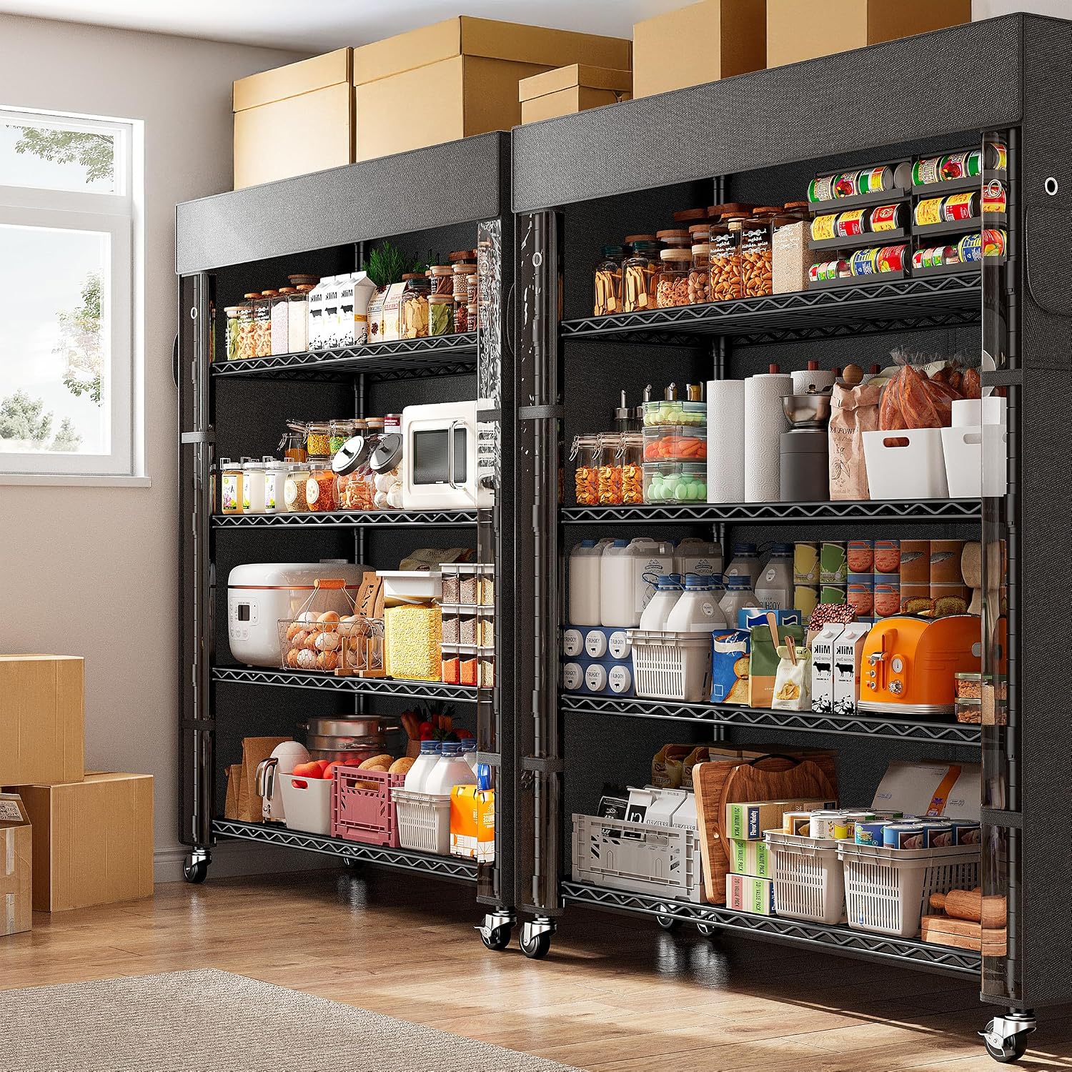 REIBII 72.8' H Storage Shelves with Cover & Wheels, Wire Shelving Heavy Duty Metal Shelving for Pantry Kitchen Garage, Storage Rack Shelf Shelving for Commercial Industrail, 35' W*16' D*72.8' H