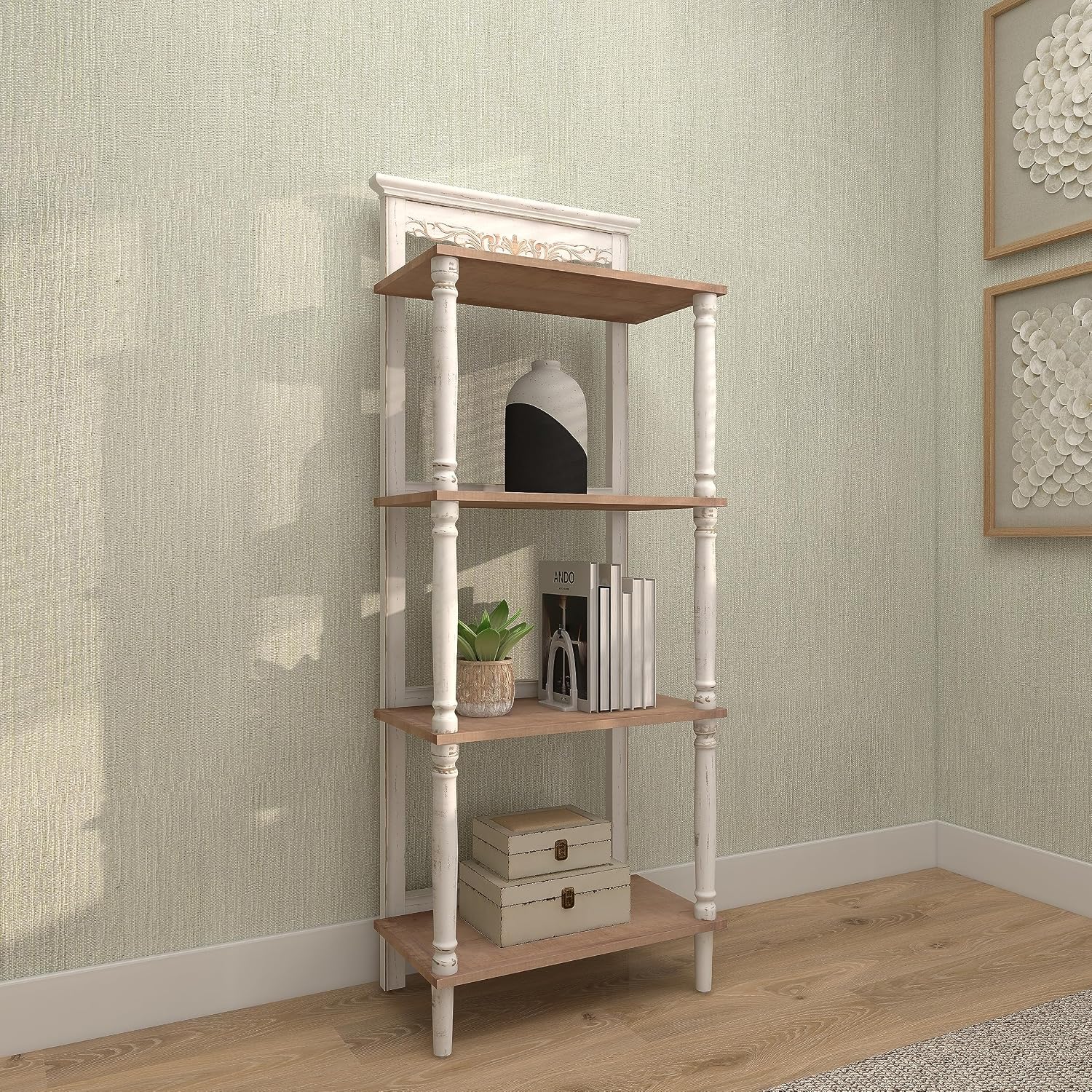Deco 79 Wood Floral Intricately Carved 4 Shelf Shelving Unit, 22' x 13' x 57', White